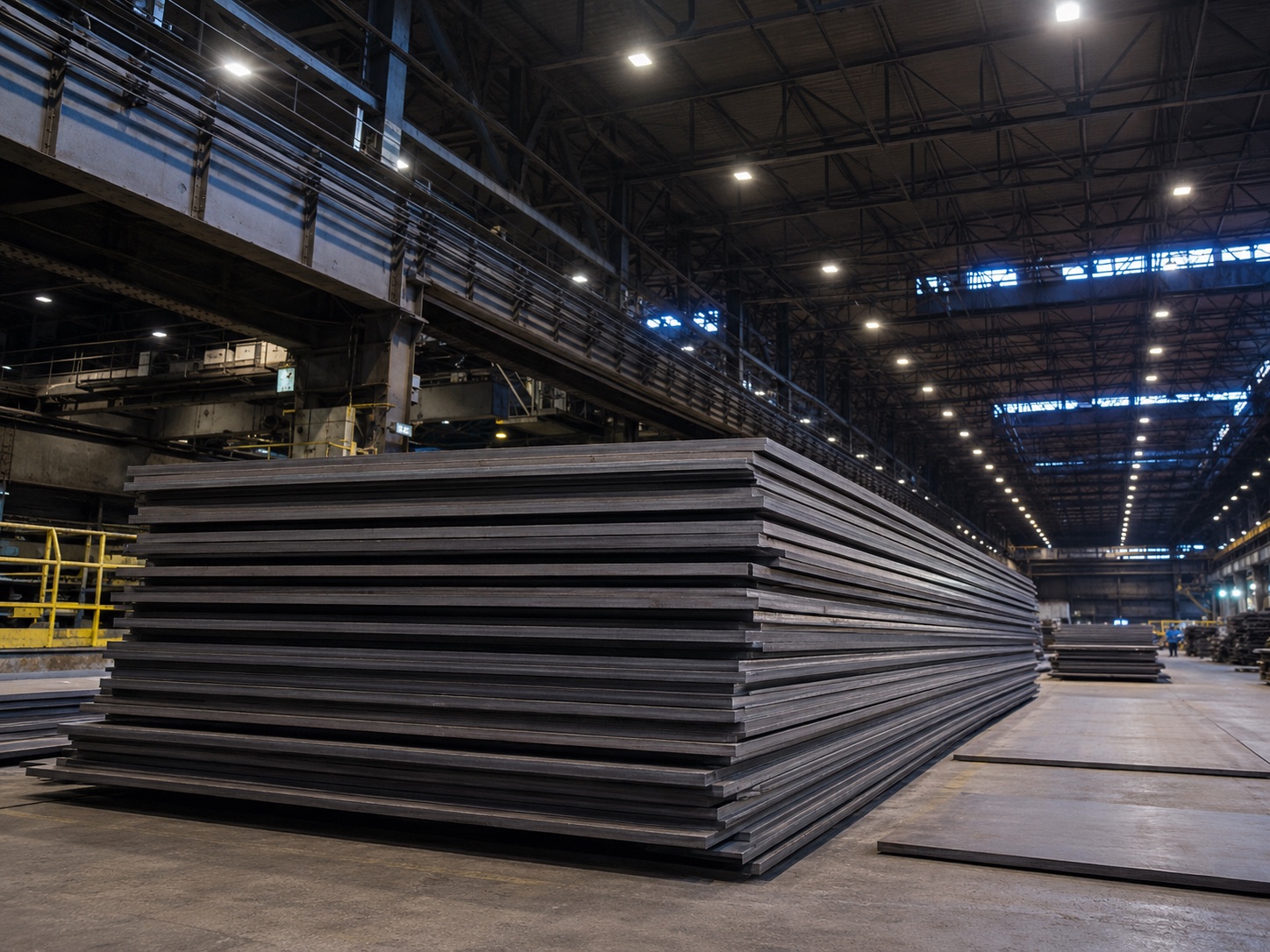 Industrial steel plates stacked inside a manufacturing facility